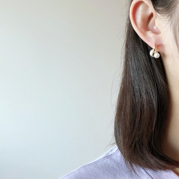 Gold Pearl Crossover Earrings - Picture 6 of 6